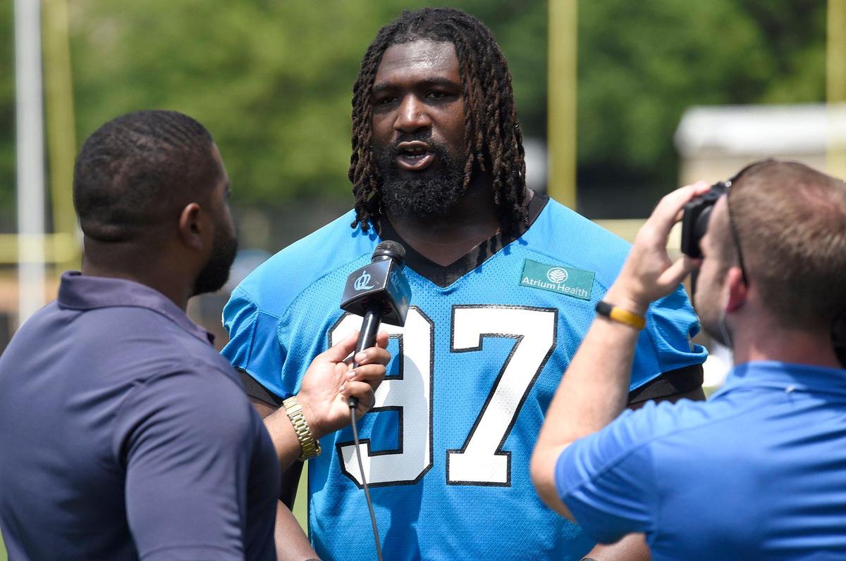 Bobby Brown II, #97, a Panthers defensive tackle, stopped for an interview after practice.The Carolina Panthers, in their second week of organized team activities, ran through drills on Tuesday, June 3, 2025 at their practice facility in uptown Charlotte.