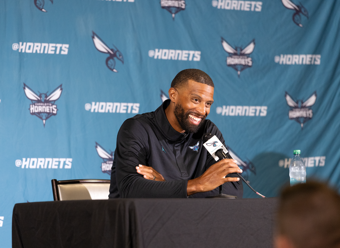 Charlotte Hornets head coach Charles Lee speaks to the press during NBA Media Day 2025 at Queens University’s Levine Center on Sept. 29.