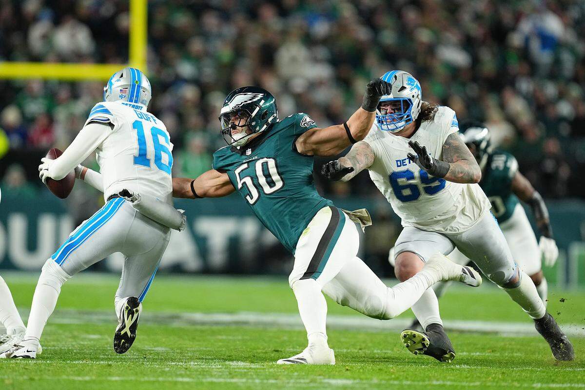 Jaelan Phillips, pictured here as a member of the Philadelphia Eagles, pressures Detroit Lions quarterback Jared Goff during a game at Lincoln Financial Field on Nov. 16, 2025 in Philadelphia