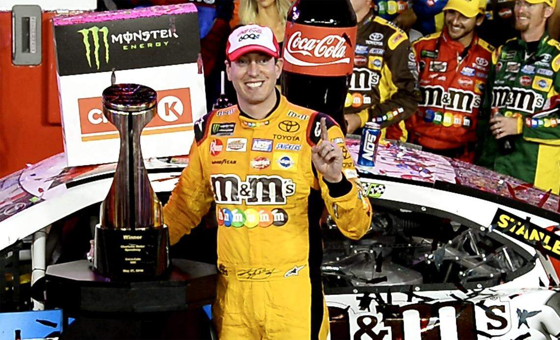 NASCAR Cup Series driver Kyle Busch celebrates winning the Coca-Cola 600 in Victory Lane at Charlotte Motor Speedway in Concord, NC on Sunday, May 27, 2018.
