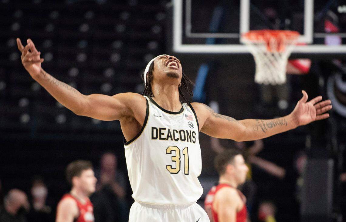 Wake Forest guard Alondes Williams (31), shown in an earlier game this season, also had something to celebrate in the Demon Deacons’ 82-79 win over Charlotte Friday night. WIlliams had a game-high 34 points and the winning assist.