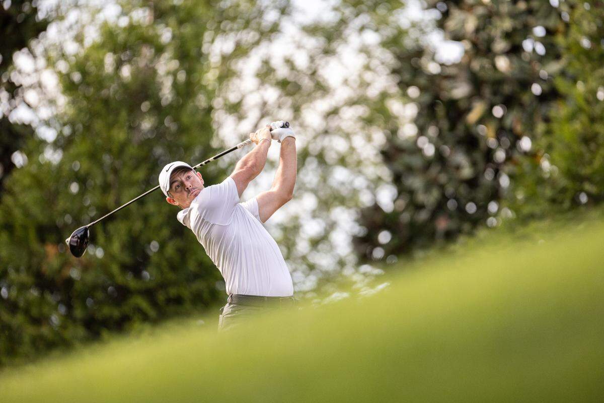 Rory McIlroy hits from the 16th tee during round one of the Wells Fargo Championship at Quail Hollow Club in Charlotte, N.C., on Thursday, May 9, 2024.