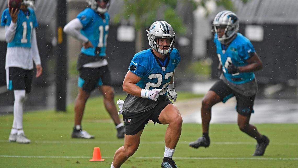 Carolina Panthers running back Christian McCaffrey (22) runs through a drill during practice in training camp at the team’s practice facility on Friday, August 21, 2020.