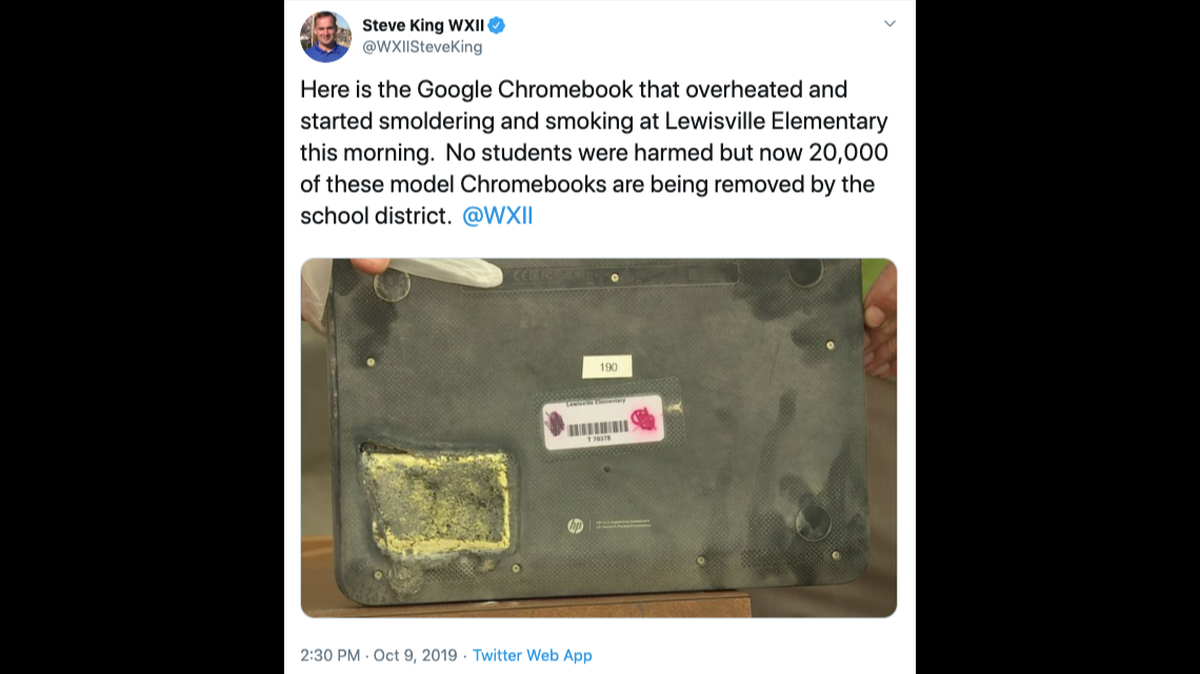 A school district in North Carolina said it’s taking 20,000 Chromebooks out of circulation after one overheated in a classroom Wednesday and began to smoke, prompting the entire elementary school to evacuate.