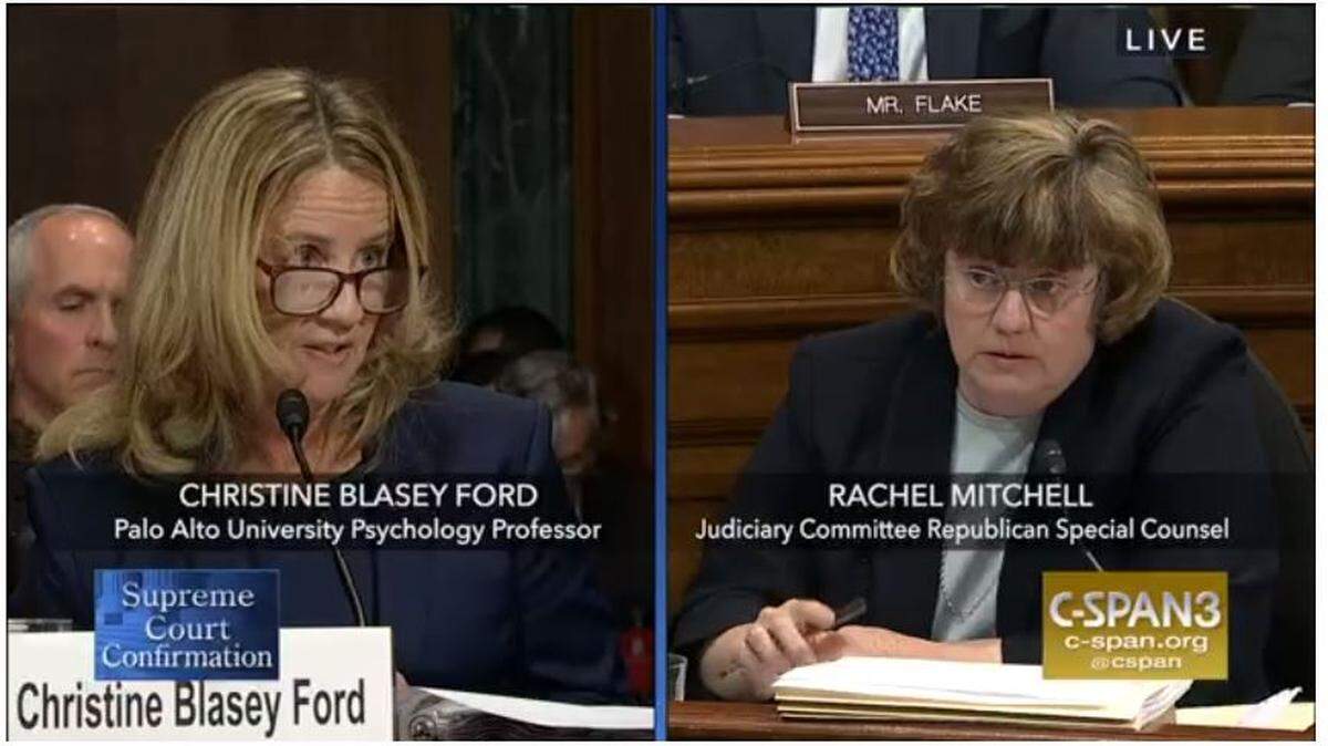 Christine Blasey Ford resonds to questions from Rachel Mitchell at Thursday’s Senate Judiciary Committee hearing on Brett Kavanaugh.