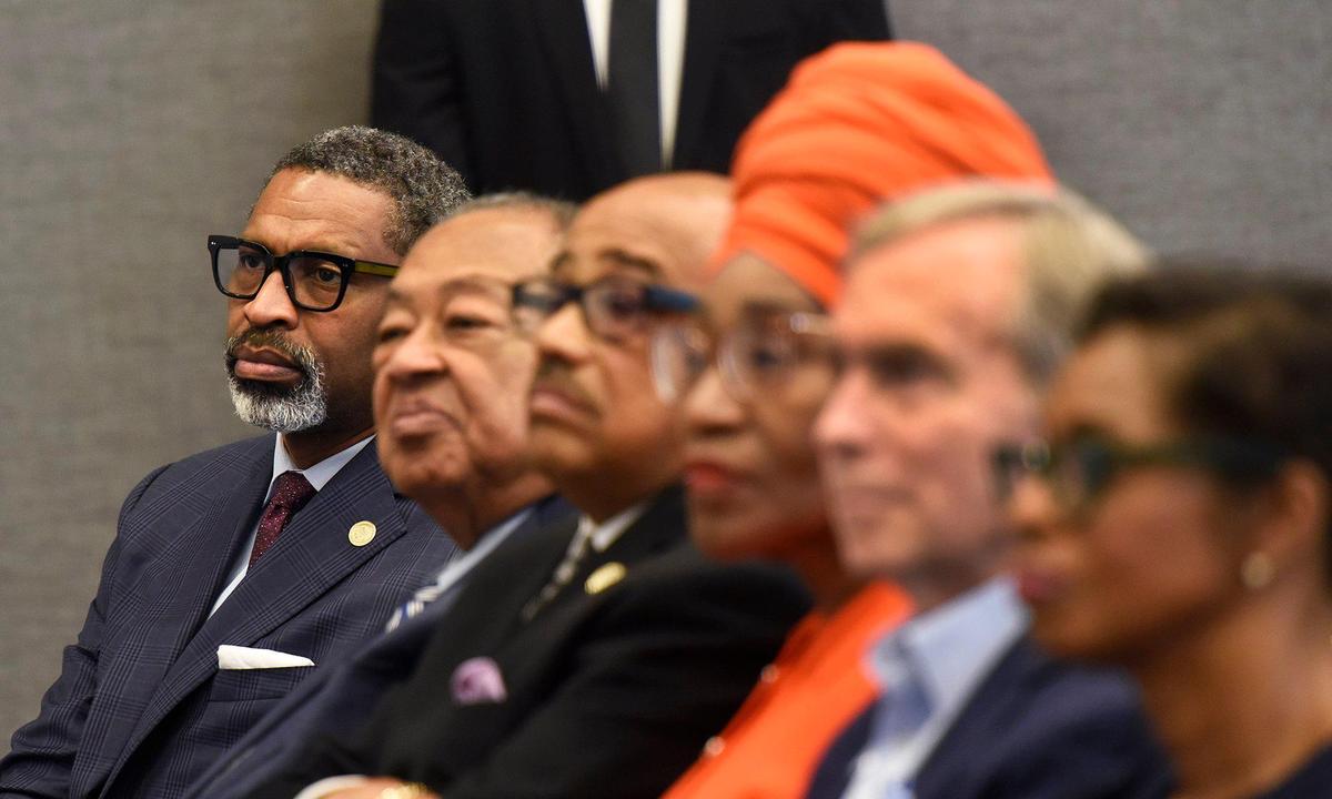 Derrick Johnson (far left), president & CEO of the NAACP announced, in response to a question, that President Donald Trump will not be invited to the organization’s upcoming convention. The NAACP held a press conference on Monday, June16, 2025, ahead of their 116th national convention with the theme of “the fierce urgency of now” that will be taking place in Charlotte July 12-16.