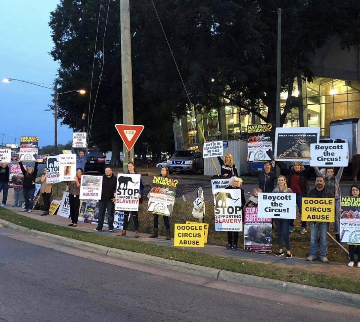 In this image provided by animal rights activist Kristen Moyer, protesters rally before Charlotte City Council first considered banning wild and exotic animals from circuses in early 2020. The council approved a ban on Dec. 14, 2021.