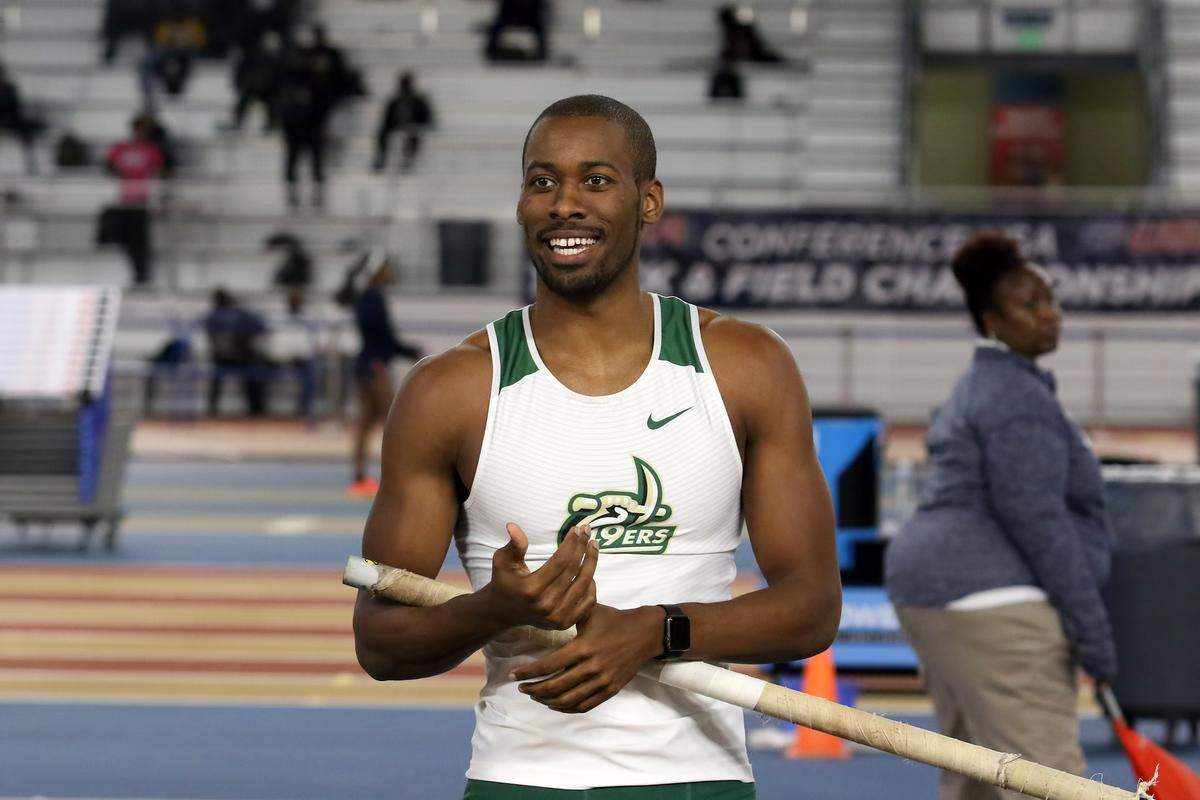 Charlotte 49ers senior pole vaulter Keon Howe smiles between attempts at the 2020 Conference USA Indoor Track and Field Championships in February 2020 in Birmingham, Alabama.