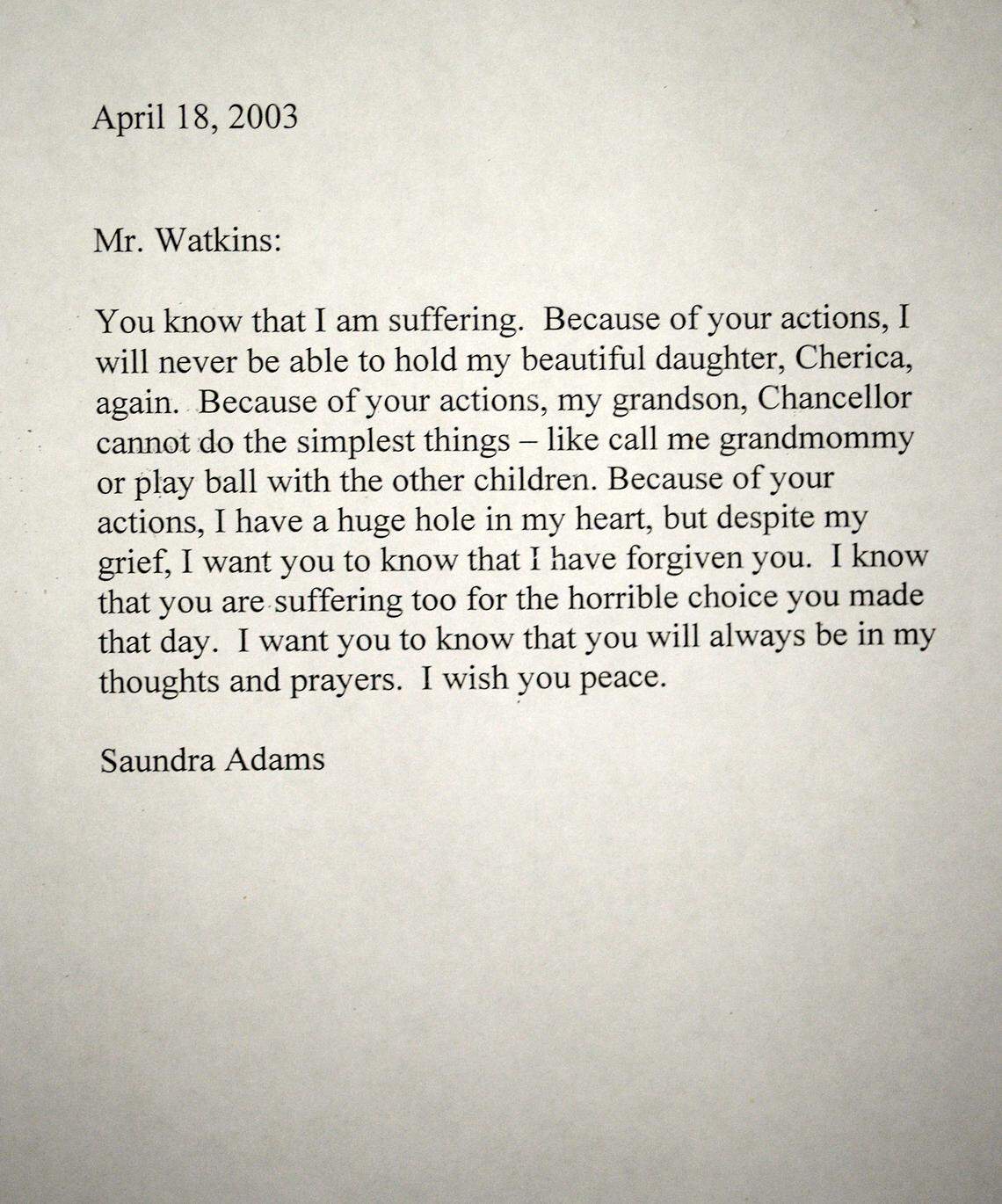 Saundra Adams’ 2003 letter to Van Brett Watkins.