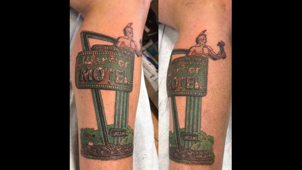 A Florida woman took her fondness for western North Carolina’s Warrior Motel sign to a new level and got it tattooed on her leg.