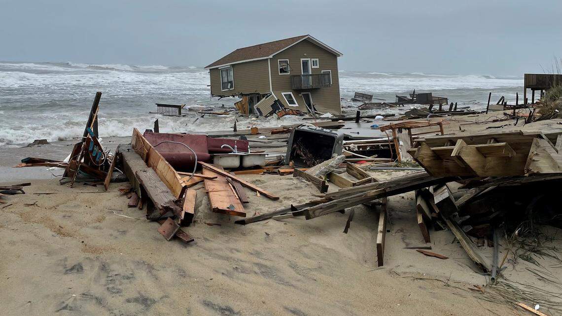 This National Park Service photo shows one of the two beach houses on Ocean Drive in Rodanthe that collapsed into the ocean May 10, 2022 along North Carolina’s Outer Banks. Park Service officials said more homes are in danger of collapsing.