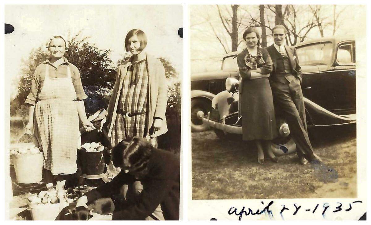 On left: Jodie Valade’s great-grandmother, Evdoka Fitszun Zaika (left), stands next to her grandmother, May Zaika Mozarowsky, in an undated photograph. On right: Olga Zaika Sulimko, Jodie Valade’s great-aunt, stands next to Nick Mozarowsky, her grandfather, in this 1935 photo.