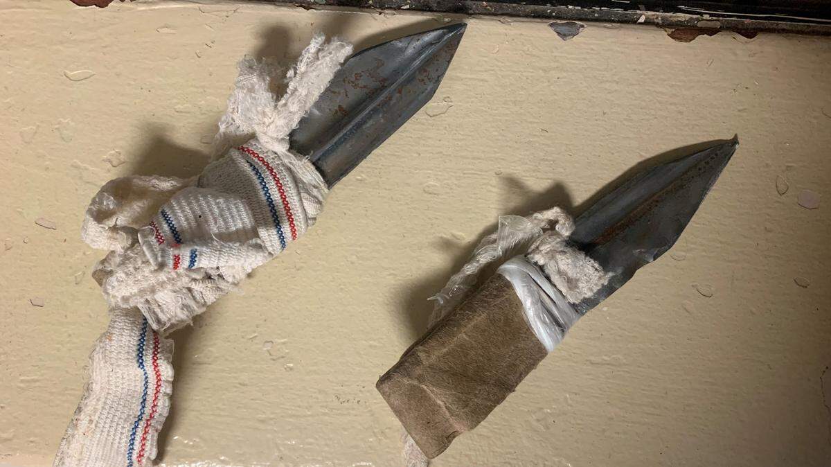 Homemade weapons used by an inmate during a Tuesday assault on three Mecklenburg County Sheriff’s Office detention officers.