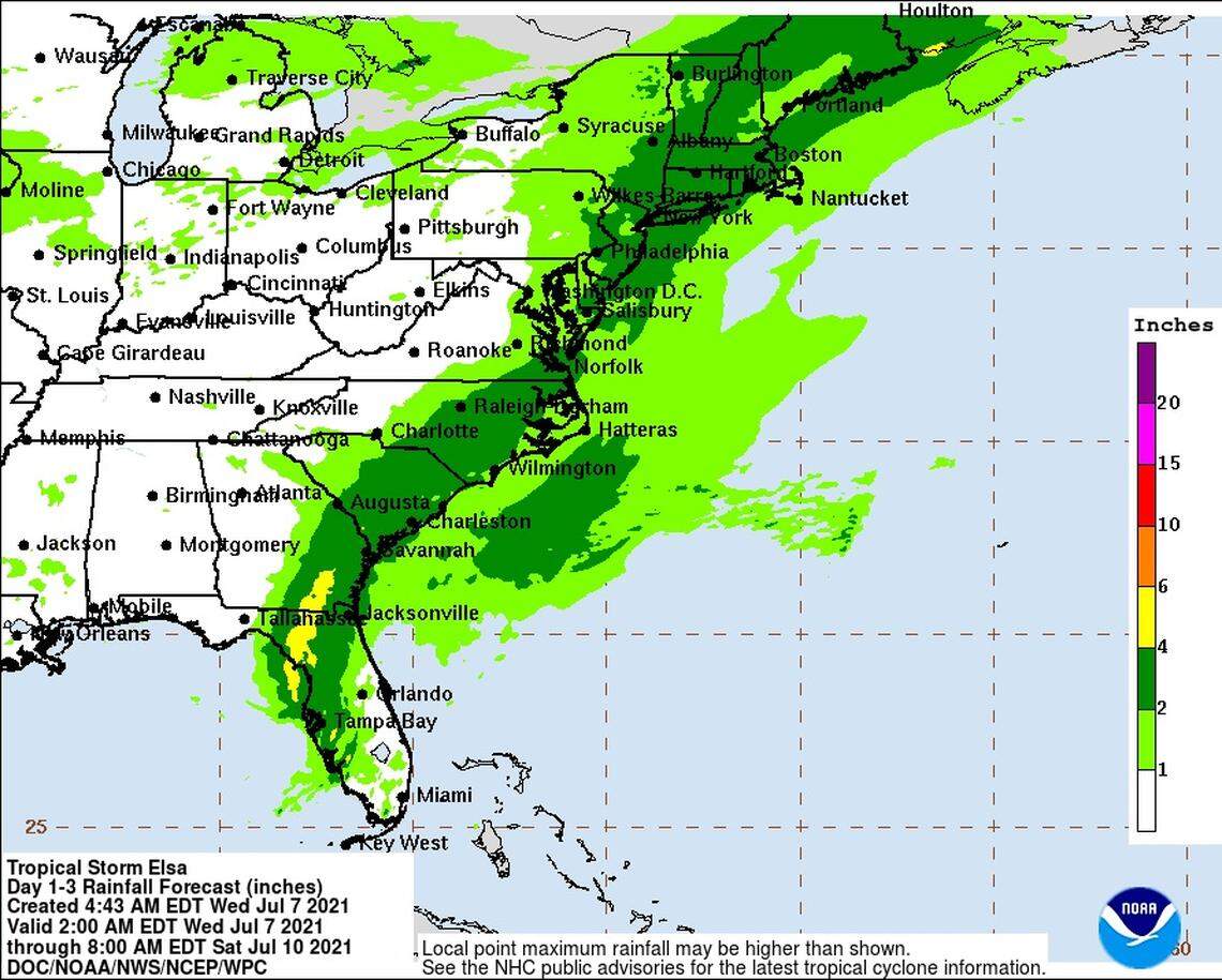 Charlotte could see up to 2 inches of rain before the remnants of Elsa move from the region by mid- to late afternoon on Thursday, July 8, 2021, meteorologist Chris Horne of the NWS office in Greer, S.C., told The Charlotte Observer Wednesday, July 7, 2021.