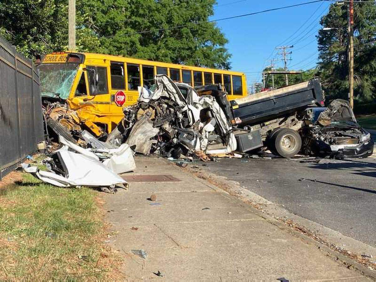 A school bus was involved in a crash with a dump truck and another vehicle at Sharonbrook Drive near Sharon Road West in south Charlotte on Wednesday, May 11, 2022.