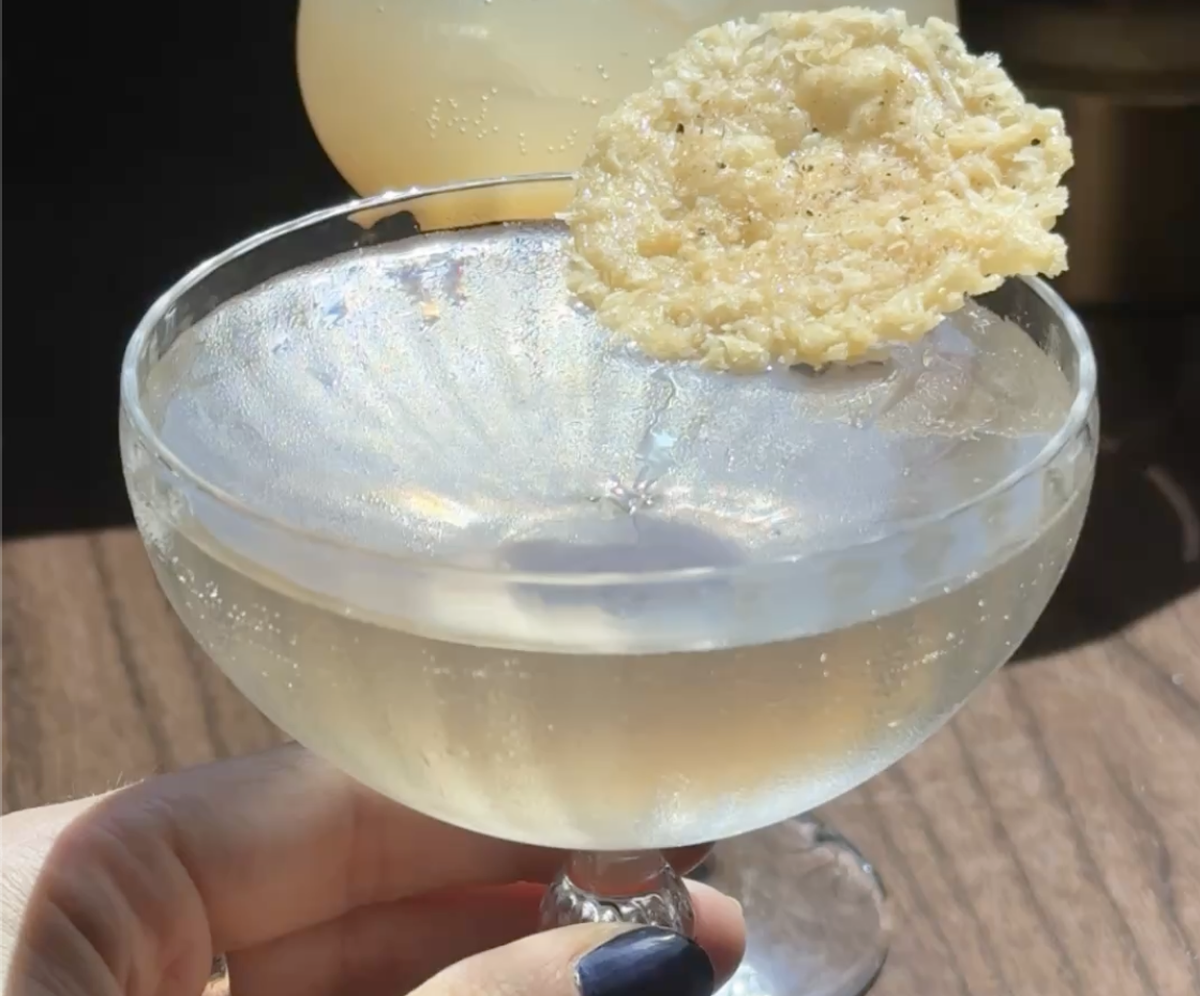 A sunlit close-up of a unique cocktail. A hand holds a chilled coupe glass filled with a shimmering, pale liquid. The drink is uniquely garnished with a delicate, lacy parmesan wafer resting on the edge of the glass, catching the bright light.