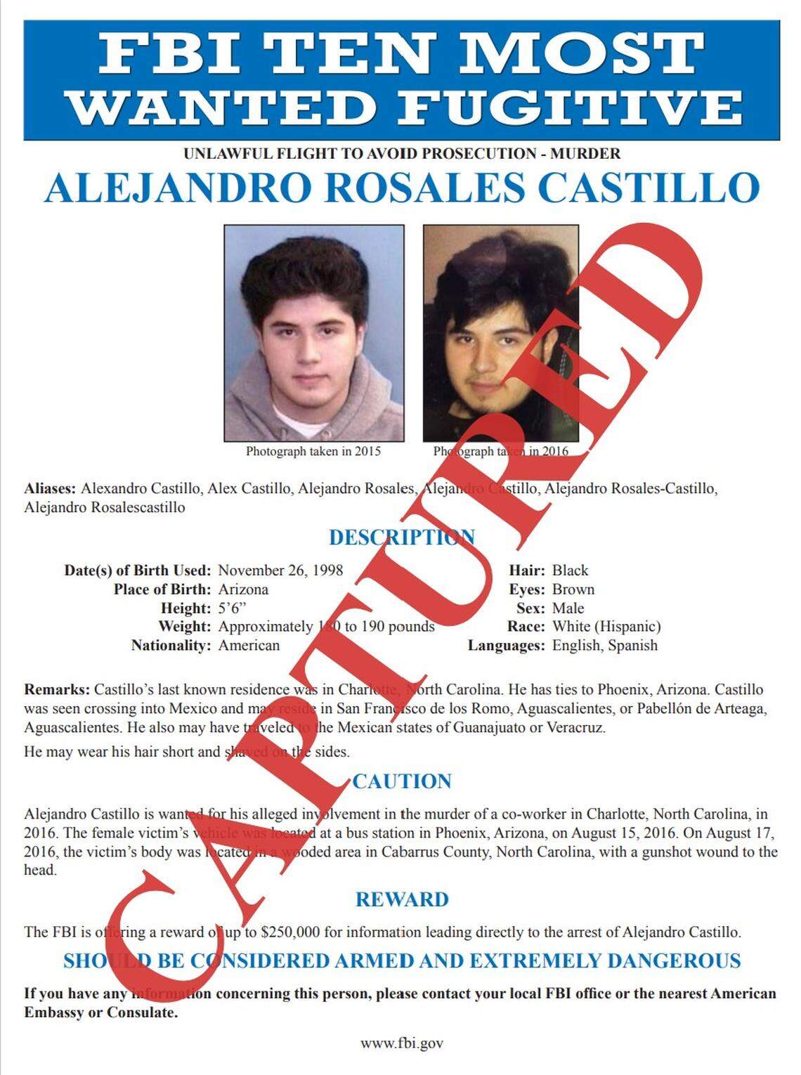 The FBI on Saturday, Jan. 17, 2026, announced the capture in Mexico of Charlotte murder fugitive Alejandro Castillo, who was on its Top 10 Most Wanted Fugitives List for nearly a decade.