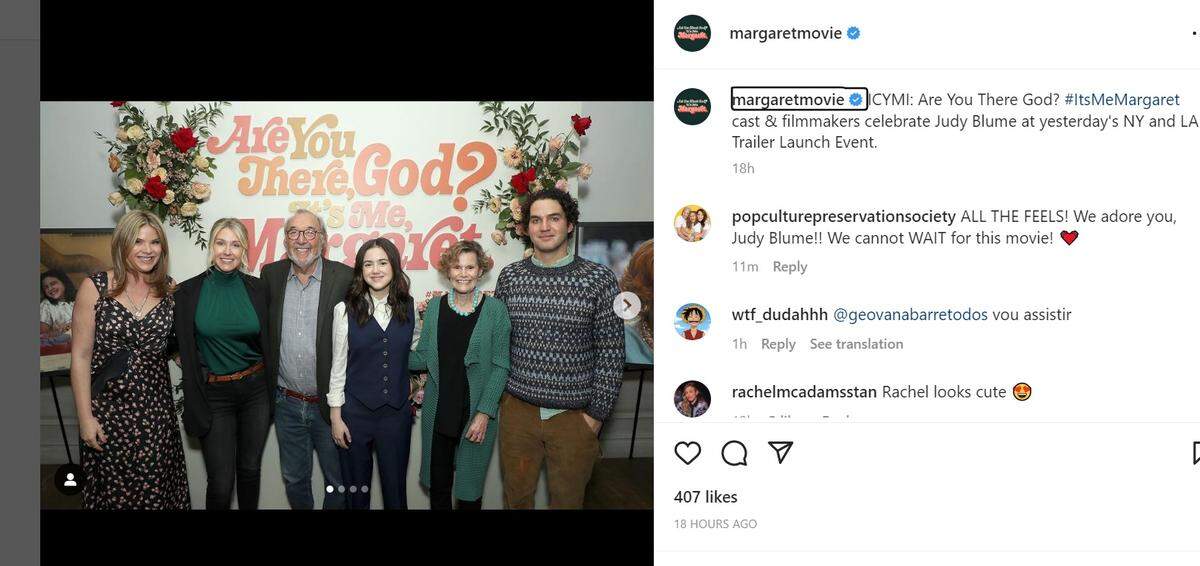 Cast and filmmakers celebrate the release of the first trailer for “Are You There God? It’s Me, Margaret” The title star, Abby Ryder Fortson, is fourth from left, between producer James L. Brooks and author Judy Blume.