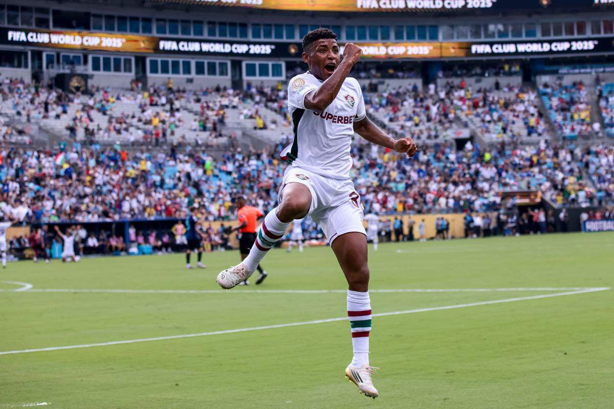 Jun 30, 2025; Charlotte, North Carolina, USA; Fluminense FC midfielder Hercules (35) celebrates after scoring their second goal during a round of 16 match of the 2025 FIFA Club World Cup at Bank of America Stadium.