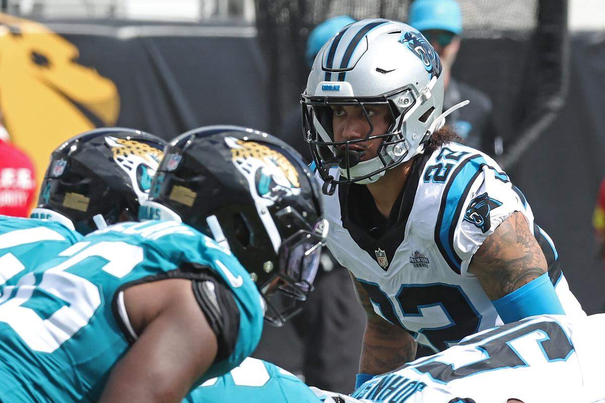 Carolina Panthers safety Lathan Ransom, right, waits for the snap during action against the Jacksonville Jaguars on Sunday, September 7, 2025 at Everbank Stadium in Jacksonville, Florida. The Jaguars defeated the Panthers 26-10.