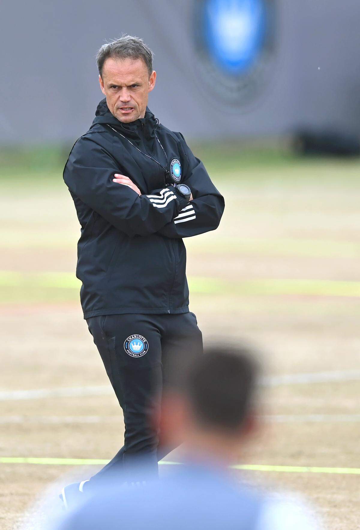 Charlotte FC head coach Christian Lattanzio watches his team run through drills on Wednesday, February 22, 2023.