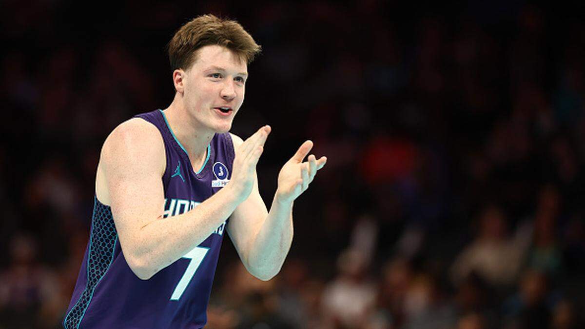 Kon Knueppel of the Charlotte Hornets reacts during the second half of the game against the New York Knicks at Spectrum Center.