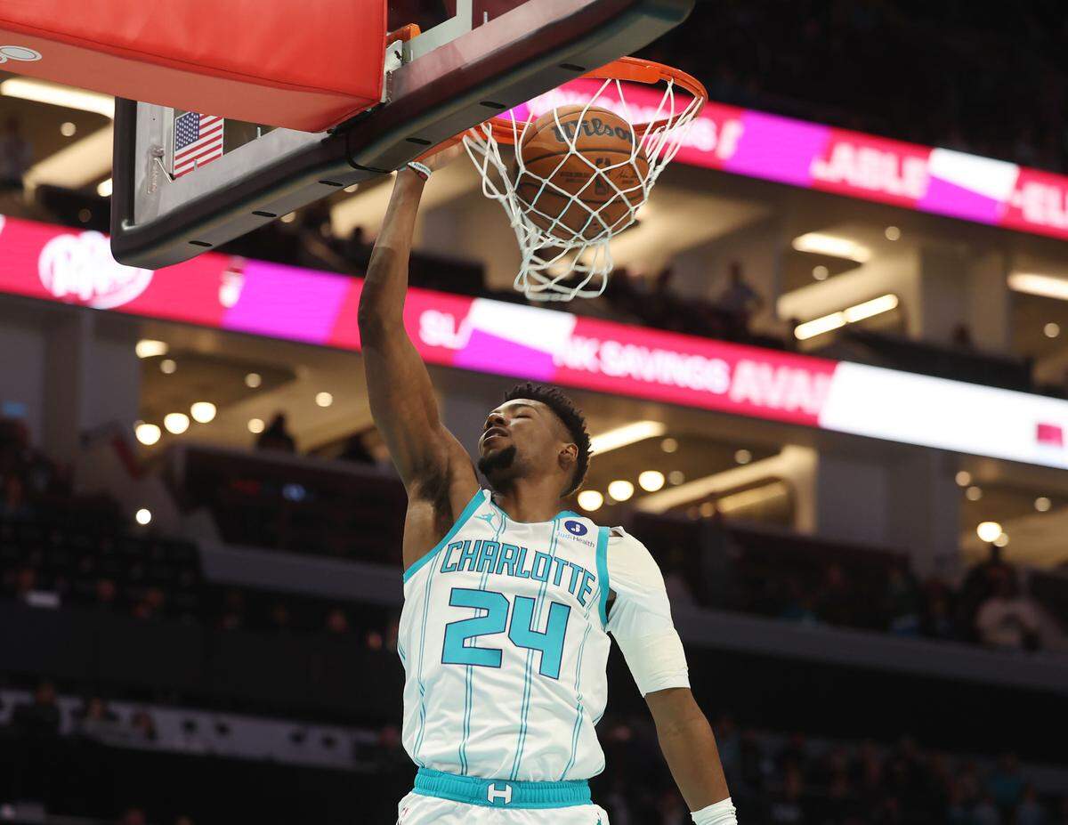 The Charlotte Hornets’ Brandon Miller dunks the ball during the first quarter against the Portland Trail Blazers Saturday, Feb. 28, 2026, at the Spectrum Center in Charlotte.