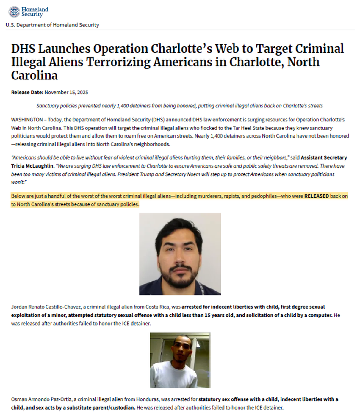 An updated version of a news release from the U.S. Department of Homeland Security does not include Jose Ulloa-Martinez. The federal agency claimed he was charged with murder and released when North Carolina officials failed to honor an ICE detainer, but that isn’t true.