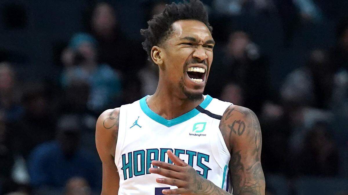 Charlotte Hornets guard Malik Monk reacts to a play resulting in a turnover against the Orlando Magic during third quarter action at Spectrum Center in Charlotte, NC on Monday, January 20, 2020.