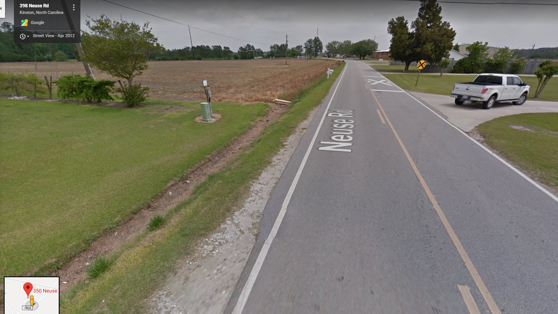 The 300 block of Neuse Road in Kinston, where a man involved in a crash allegedly drowned after falling into a ditch.