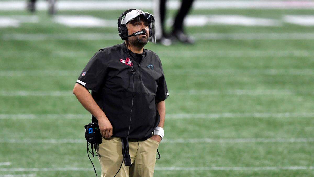 Panthers coach Matt Rhule wore two pink ribbons in honor of breast cancer awareness during Carolina’s Week 5 game at Atlanta. One is his for his mother, the other for his late mother-in-law.