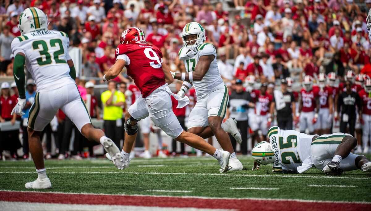 Indiana’s Kurtis Rourke (9) scrambles for a touchdown during the Indiana versus Charlotte football game at Memorial Stadium on Saturday, Sept. 21, 2024.