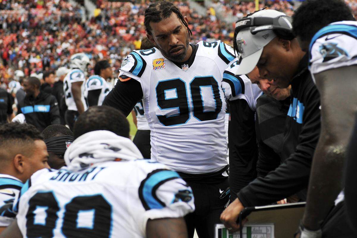 Carolina Panthers defensive end Julius Peppers (center) ranks second on the team with three sacks, trailing Mario Addison’s 7.5.