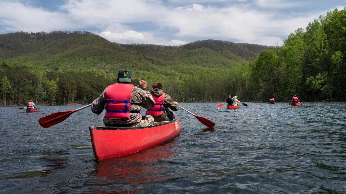 Canoeists paddle across Clear Creek in South Mountains State Park. The new Wilderness Gateway State Trail will include two paddle trail sections. (Courtesy of N.C. Division of Parks and Recreation)
