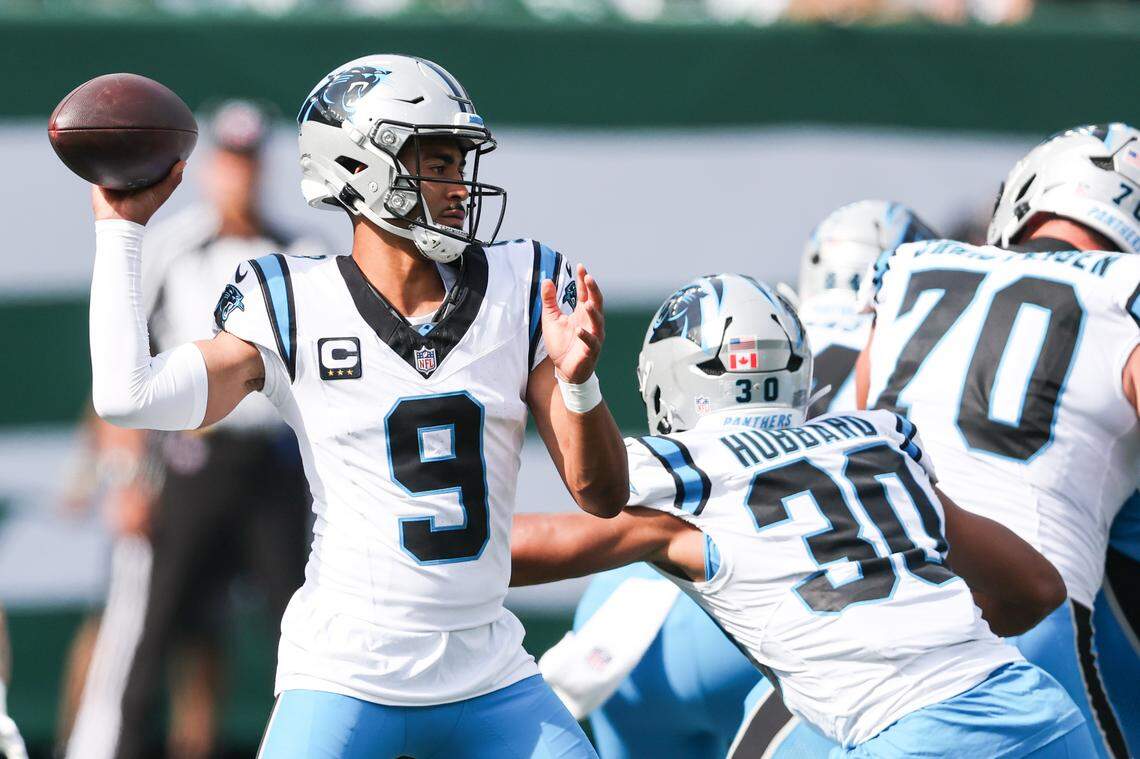 Carolina Panthers quarterback Bryce Young (9) prepares to throw the ball in the first quarter against the New York Jets on Sunday in New Jersey.