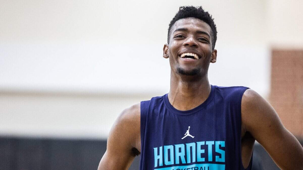 Hornets Brandon Miller laughs during the Charlotte Hornets Minicamp at Novant Health Training Center, N.C., on Friday, June 30, 2023.