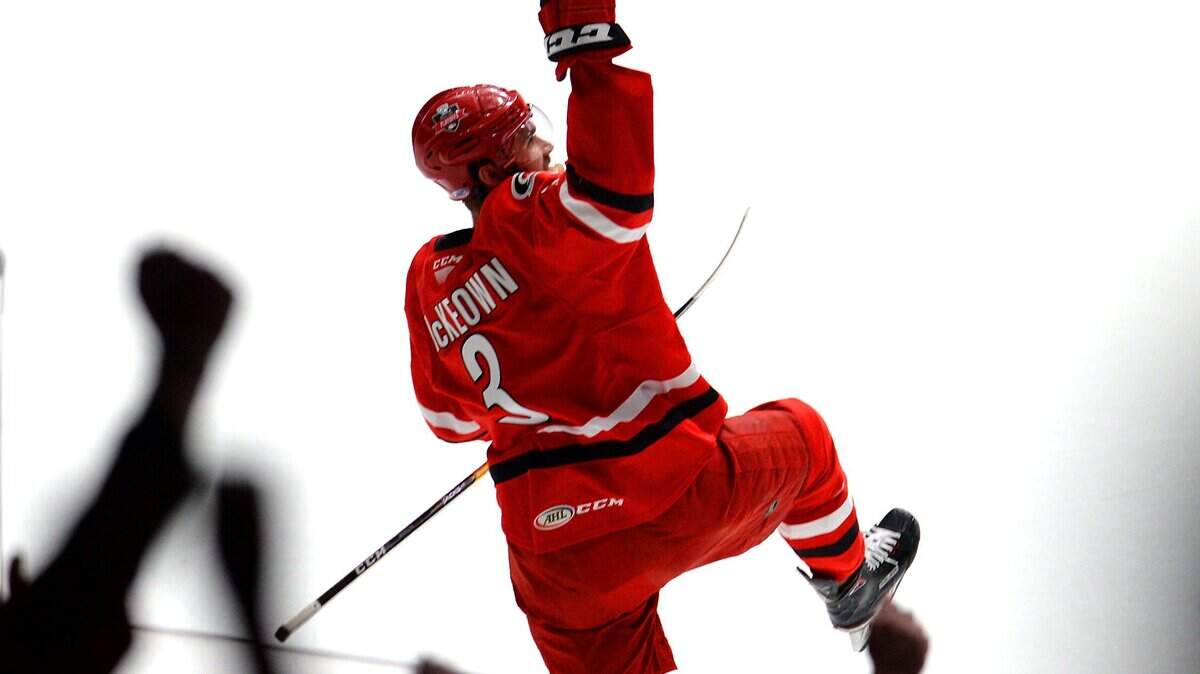 Charlotte Checkers Roland McKeown celebrates a goal against the Chicago Wolvesin June 1, 2019 at in Charlotte..