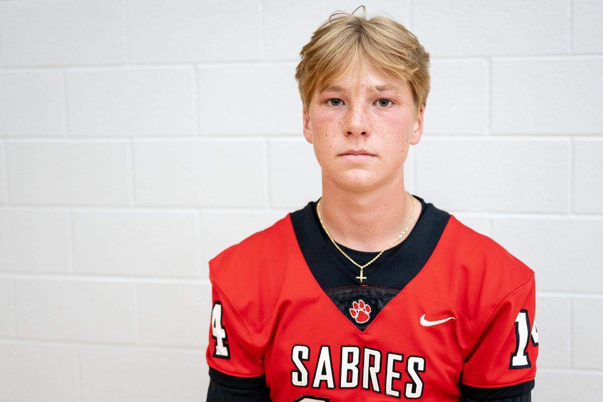 South Mecklenburg football player Carter Gillis speaks about the upcoming season without their team's home stadium during the Greater Charlotte high school football conference's media day at Rocky River High School in Charlotte, NC, Tuesday July 29, 2025.