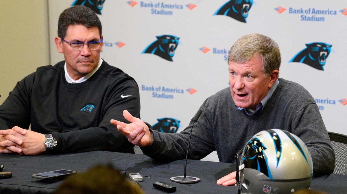 Carolina Panthers Head Coach Ron Rivera and General Manger Marty Hurney discuss the team’s draft goals during a press conference at Bank of America Stadium.