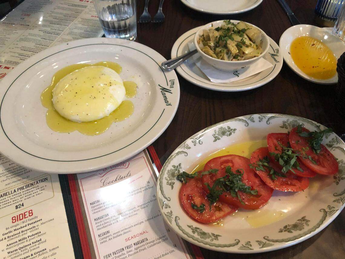 Fresh mozz, tomatoes with basil and artichoke hearts at Little Mama’s on Sharon Road.