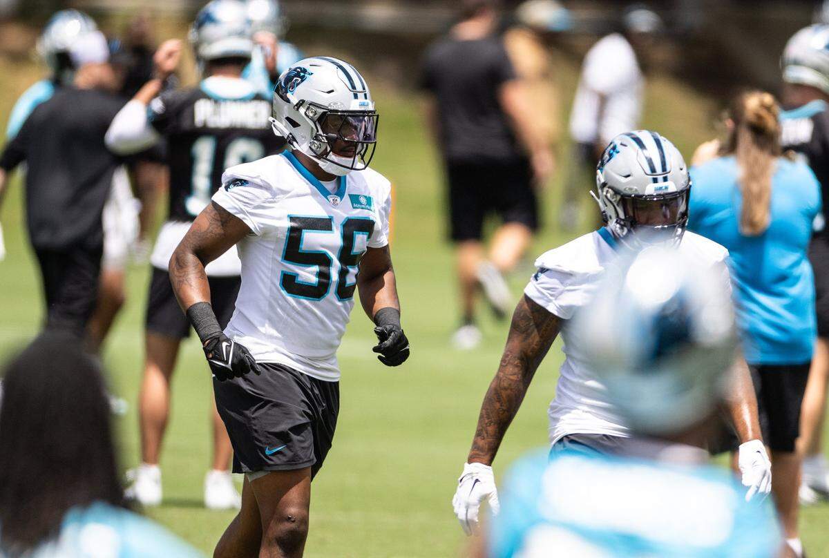Carolina Panthers Trevin Wallace runs at practice in Charlotte, N.C., on Monday, May 20, 2024.