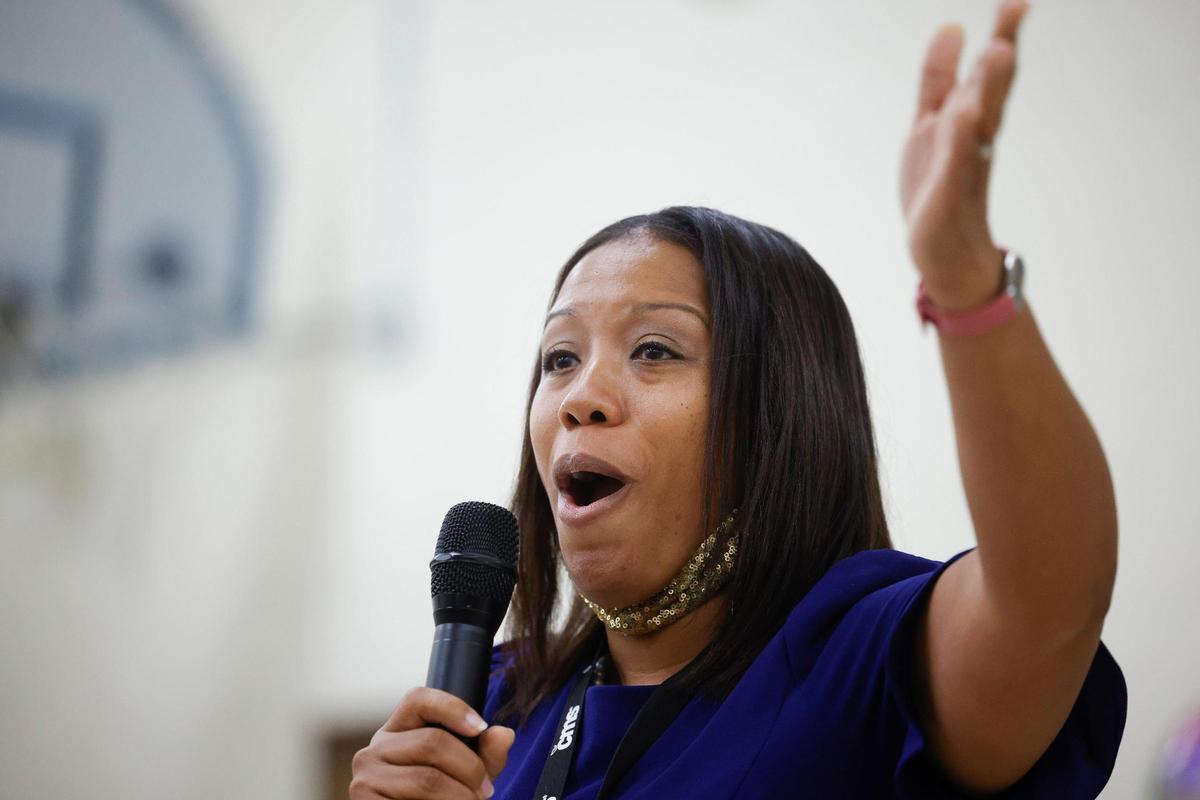 Paw Creek Elementary Principal Danielle Belton thanks friends, family and students after being named CMS principal of the year at Paw Creek Elementary School in Charlotte, N.C., Friday, Oct. 21, 2022.