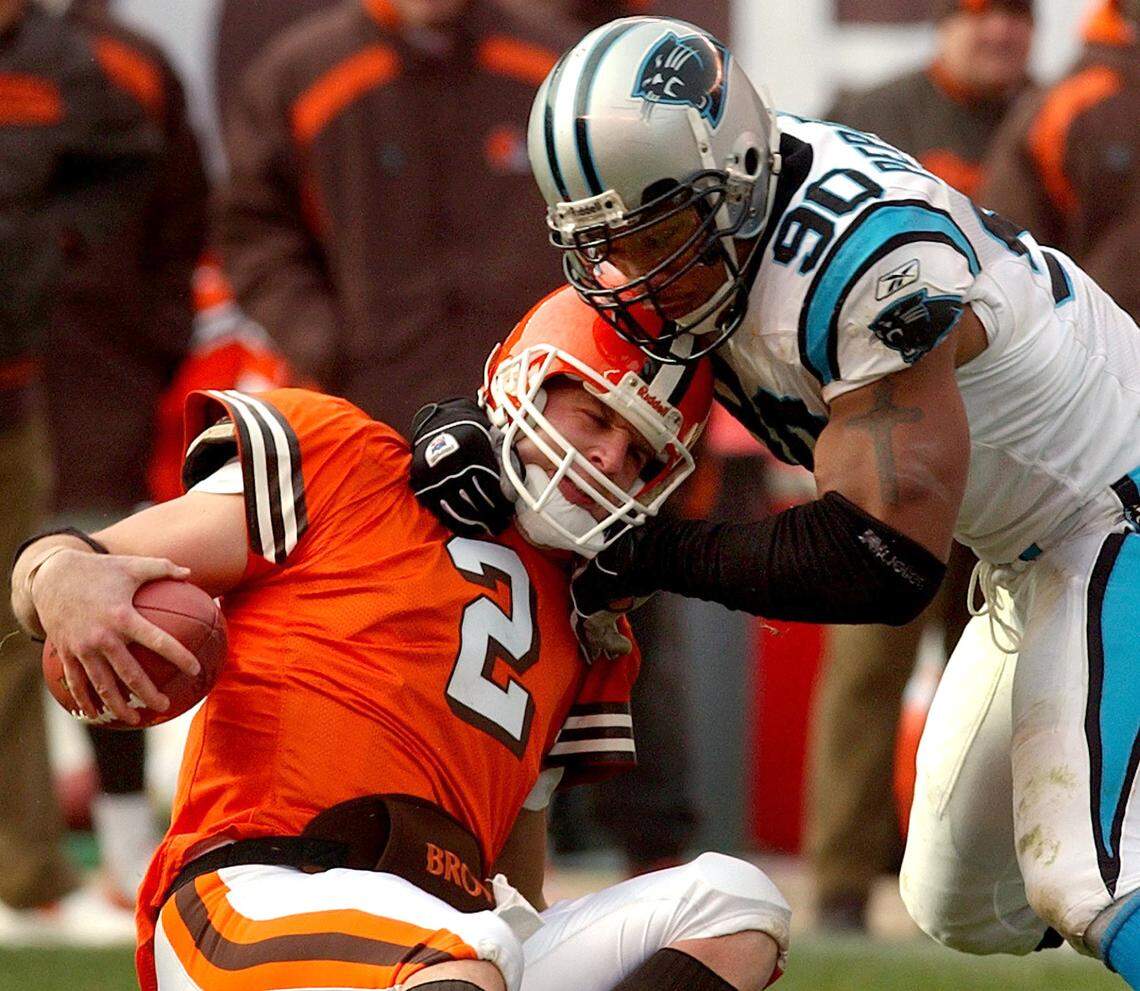 Carolina Panthers defensive end Julius Peppers (90) sacks Cleveland Browns quarterback Tim Couch on Dec. 1, 2002. Peppers was a rookie that season, after being drafted No. 2 overall by the Panthers out of UNC, and became the NFL’s Defensive Rookie of the Year after getting 12 sacks.