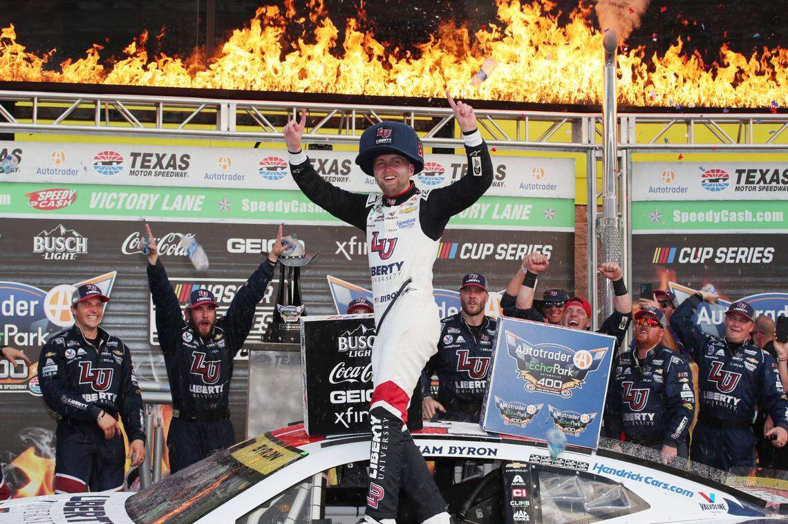 Sep 24, 2023; Fort Worth, Texas, USA; NASCAR Cup Series driver William Byron (24) after winning the AutoTrader EcoPark Automotive 400 at Texas Motor Speedway. Mandatory Credit: Michael C. Johnson-USA TODAY Sports