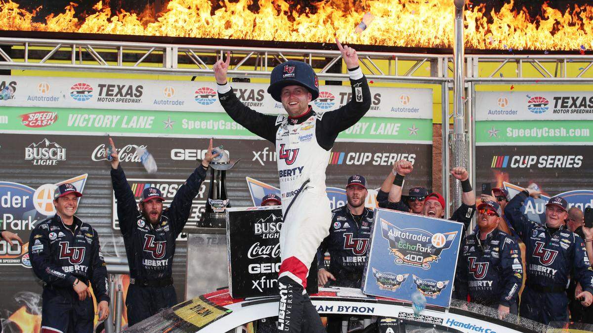 NASCAR Cup Series driver William Byron (24) after winning the AutoTrader EcoPark Automotive 400 at Texas Motor Speedway.