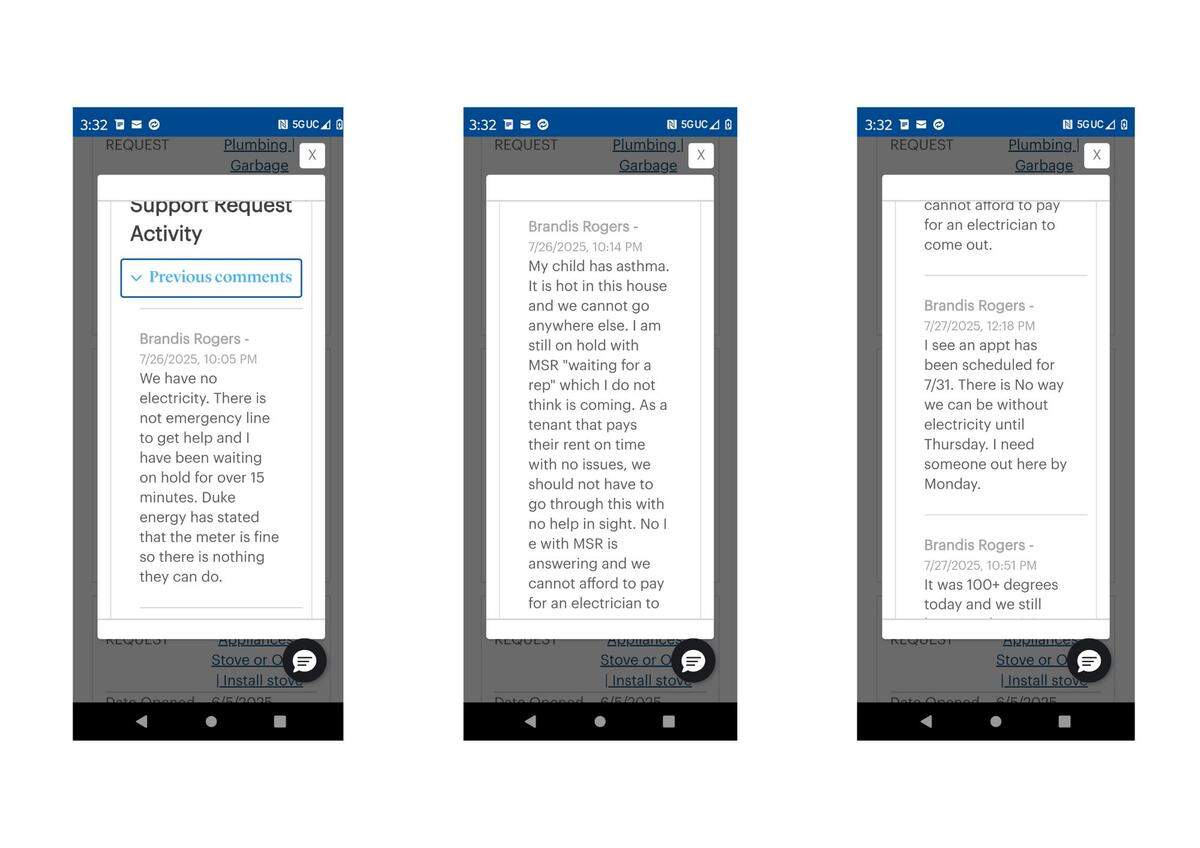 Screenshots of Rogers’ pleading for help via the resident portal after being unable to connect with anyone from Main Street Renewal over the phone.