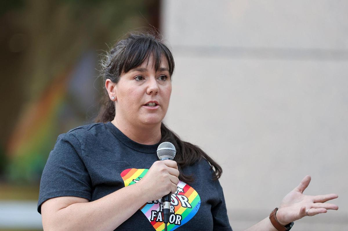 Ava Williamson, deputy director of Indivisible NC District 9, speaks at a rally demanding passage of local non-discrimination ordinance at the Charlotte-Mecklenburg Government Center in Charlotte, N.C., Monday, May 24, 2021.