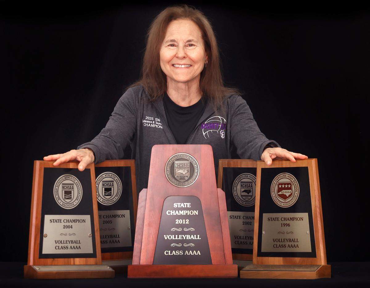 Longtime Providence High and Ardrey Kell High volleyball coach Zoe Bell on Wednesday, Nov. 19, 2025. Bell has won eight regional and five state volleyball championships. Bell now coaches at Ardrey Kell but won four of her five titles at Providence.