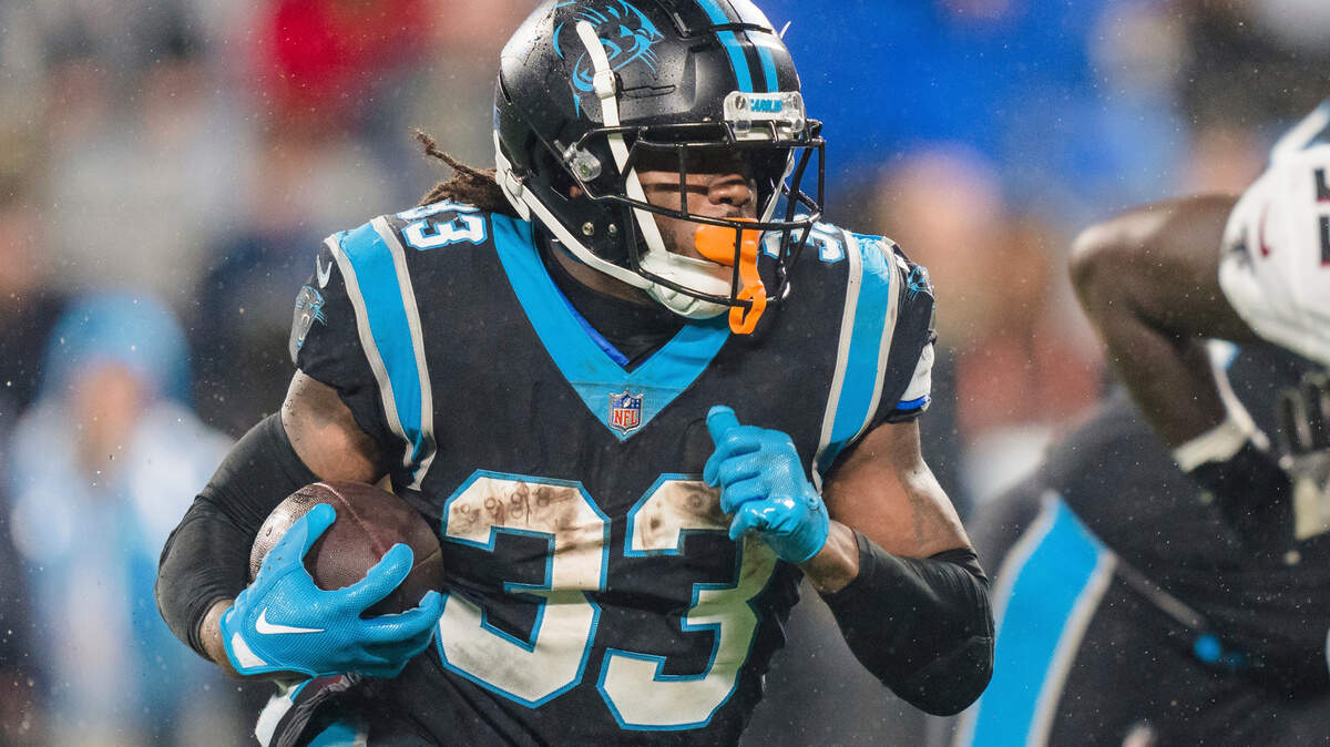 Carolina Panthers running back D’Onta Foreman (33) runs with the ball against the Atlanta Falcons during an NFL football game on Thursday, Nov. 10, 2022, in Charlotte, N.C. (AP Photo/Jacob Kupferman)