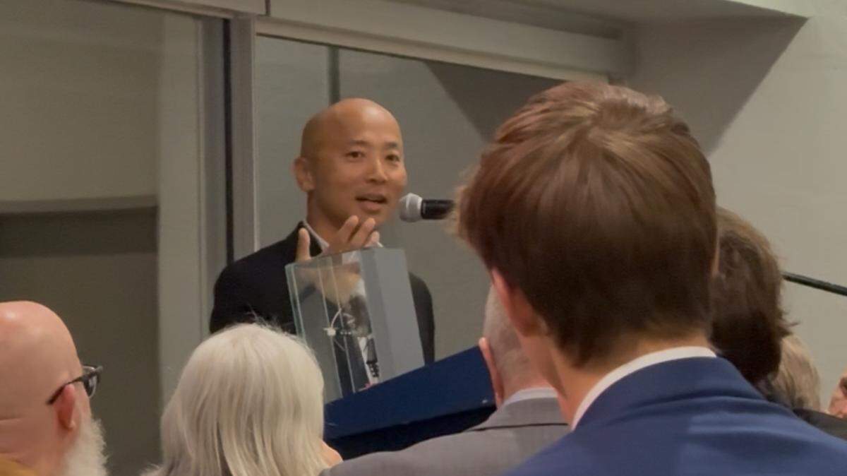 Théoden Janes speaks in Tucson, Ariz., at his college fraternity’s Hall of Fame award ceremony, which inspired personal reflection on not his college years but his whole life, flaws and all.